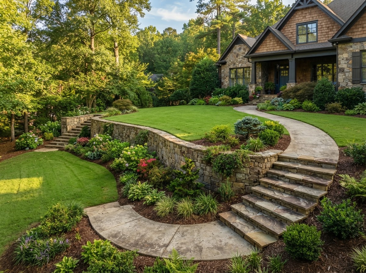 Stone retaining wall with steps and a sidewalk leading to a house on a sloped North Georgia yard