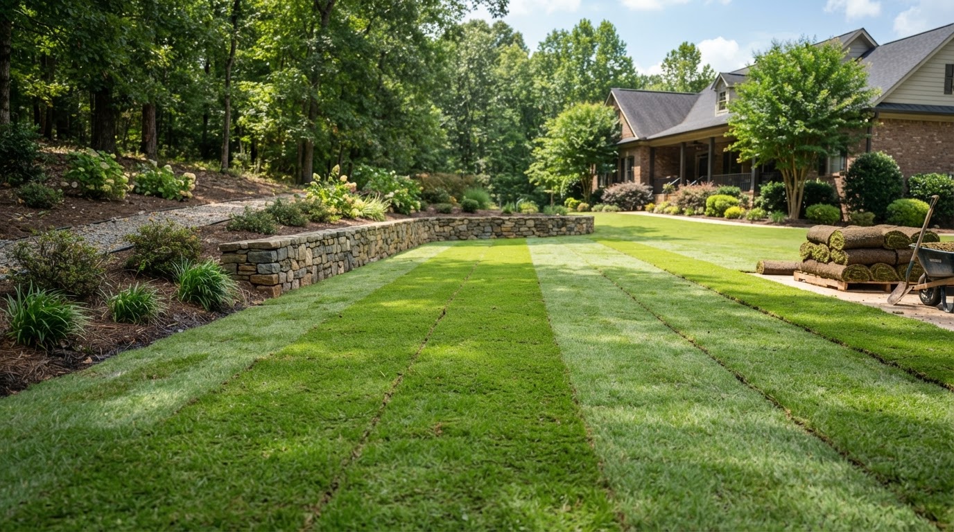 Freshly laid sod lawn meeting a low retaining wall