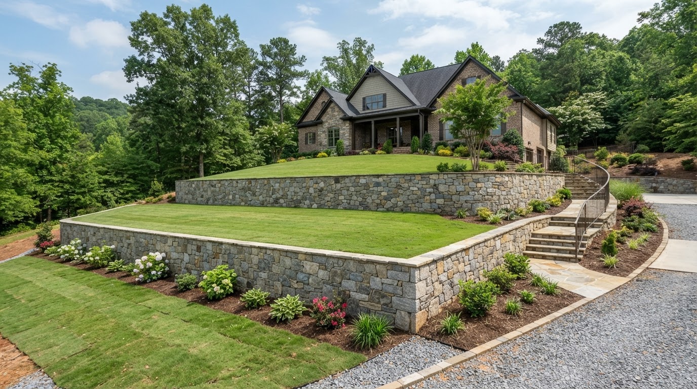 Retaining wall integrated into a sloped North Georgia landscape