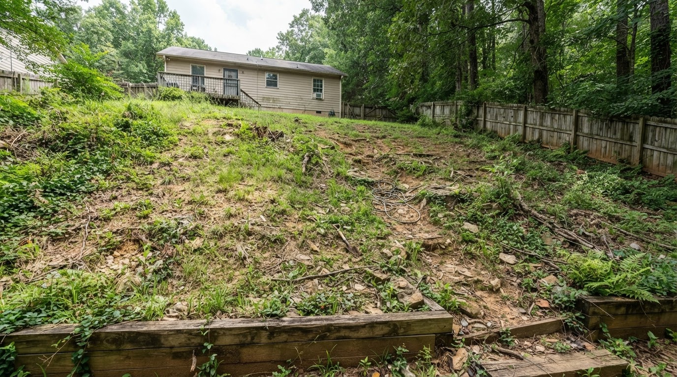 Erosion and shifting soil threatening a residential patio and walkway