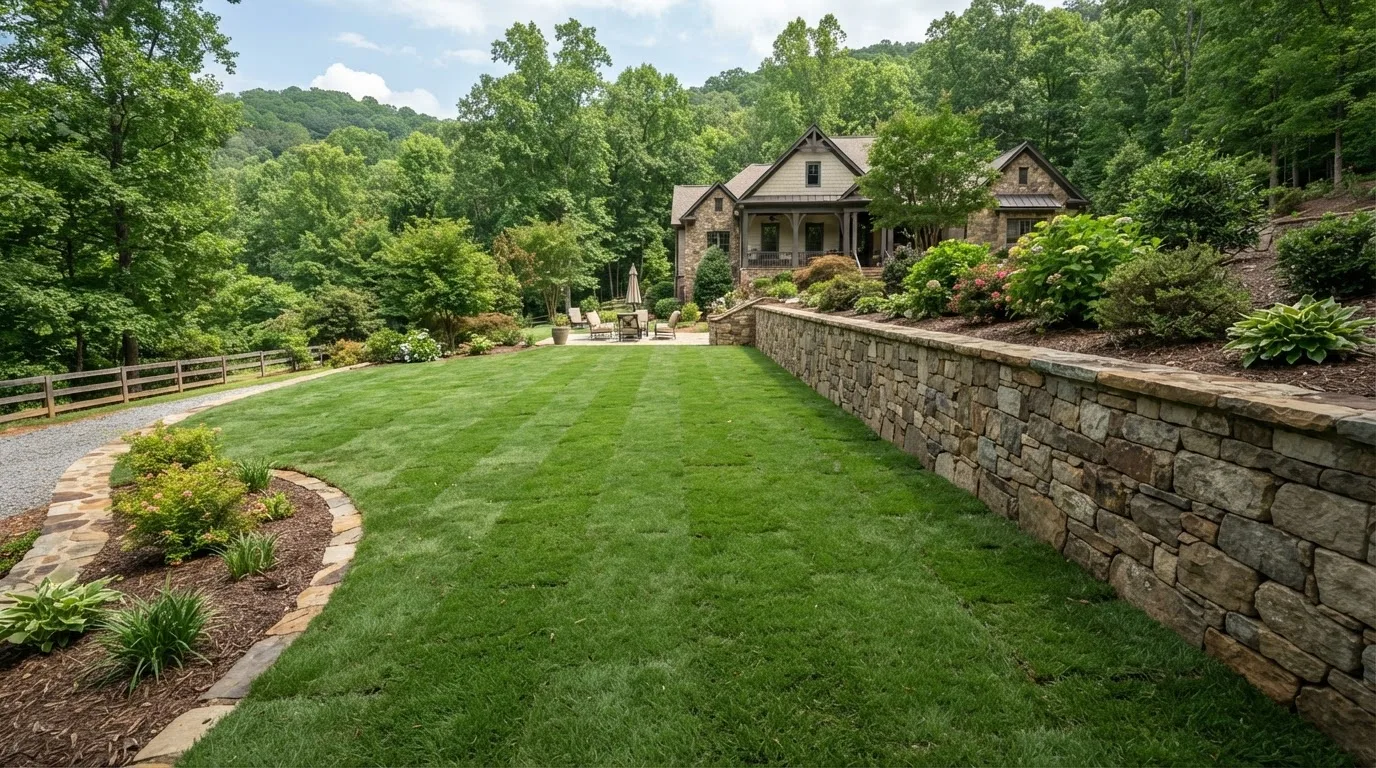 Retaining wall supporting a level lawn area