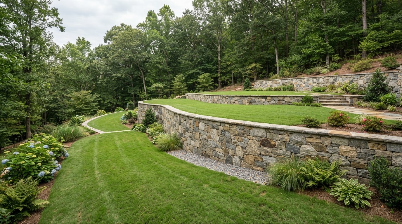Retaining wall built on a sloped North Georgia residential yard