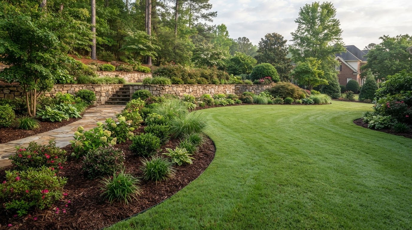 Landscaped beds and shrubs bordering a lawn with a low retaining wall