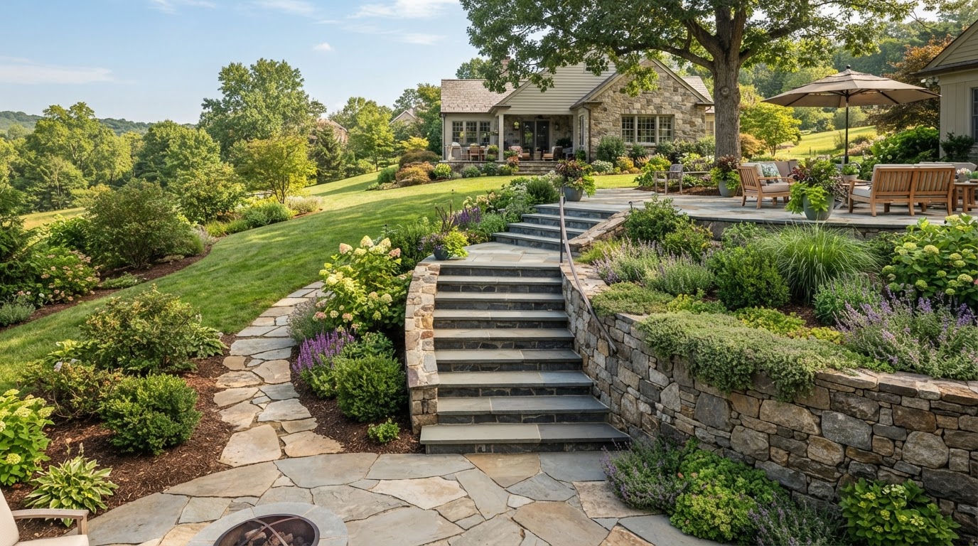 Stone retaining wall with landscaped planting bed