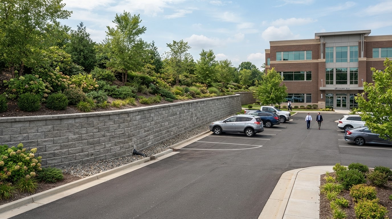 Commercial retaining wall holding back a landscaped slope beside a parking area and office building