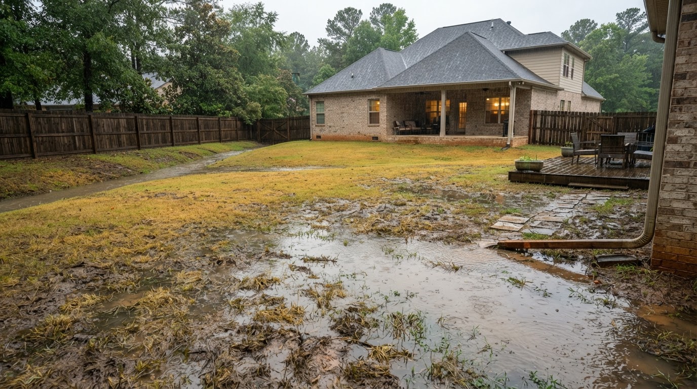 Standing water pooling in a residential backyard after heavy rain
