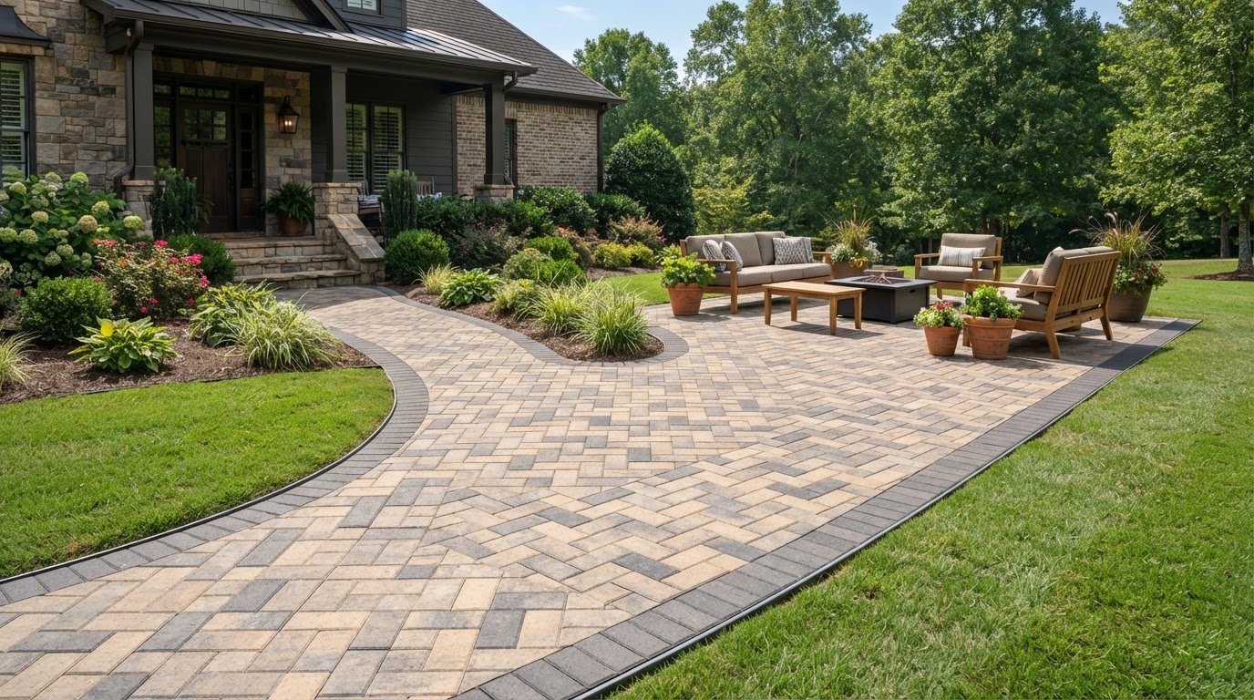 Paver patio and walkway with clean edges meeting a lawn