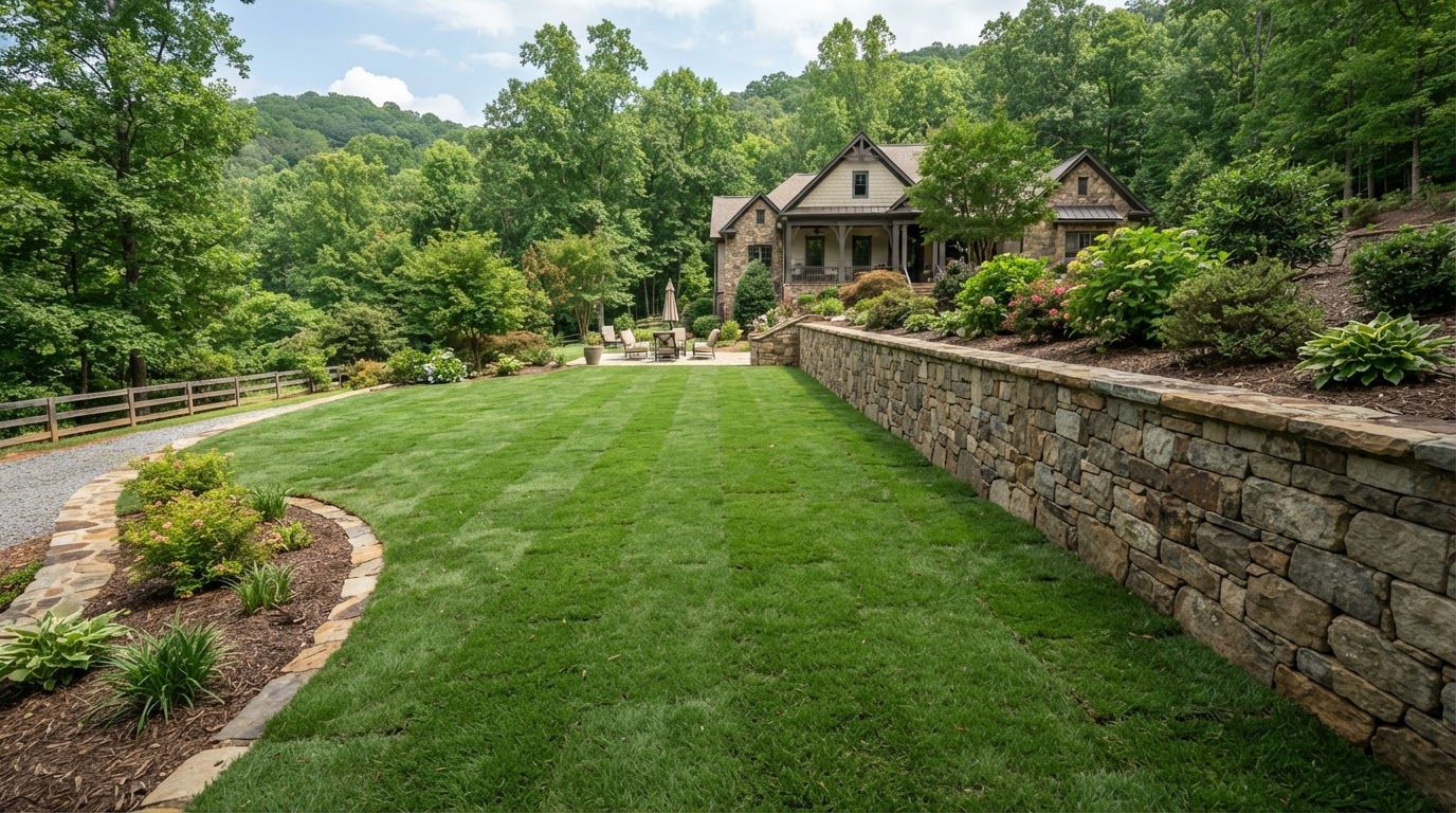 Retaining wall supporting a level lawn area