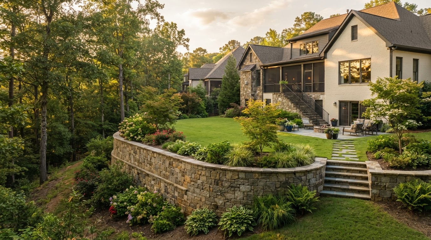 Residential retaining wall integrated with landscaping creating a level yard on a North Georgia property