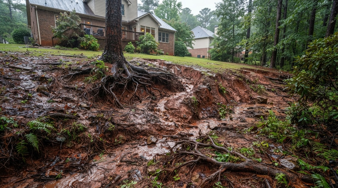 Severe backyard soil erosion with washed-out channels and exposed roots