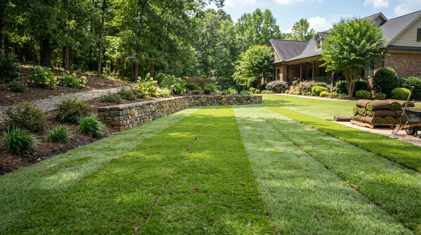 Freshly established green sod lawn at a North Georgia home