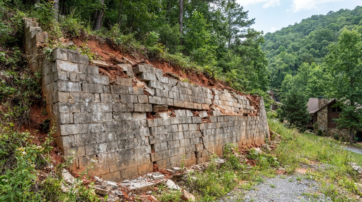 Aging residential retaining wall showing visible leaning and cracking