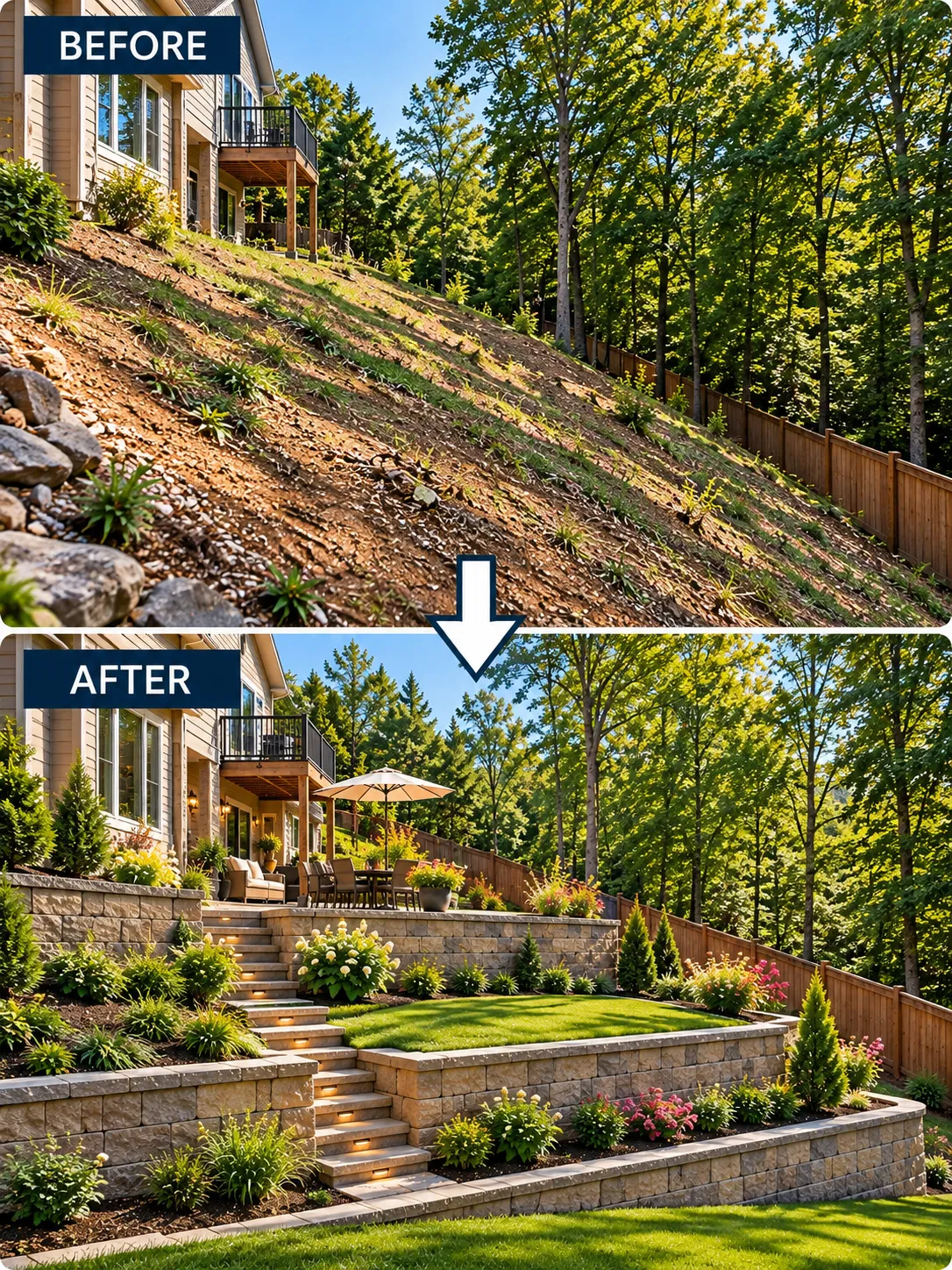 Before-and-after conceptual comparison of a steep residential backyard transformed with retaining walls, level lawn areas, landscaping, steps, and outdoor living space.