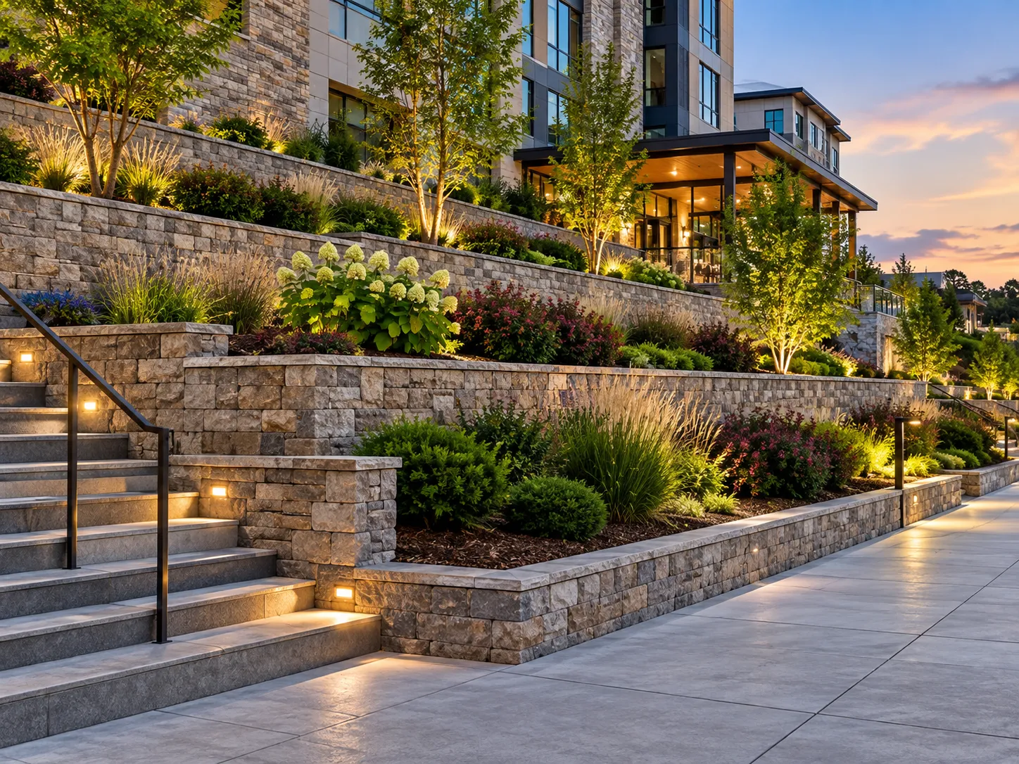 Tiered stone commercial retaining walls with integrated landscape lighting and steps outside a commercial building