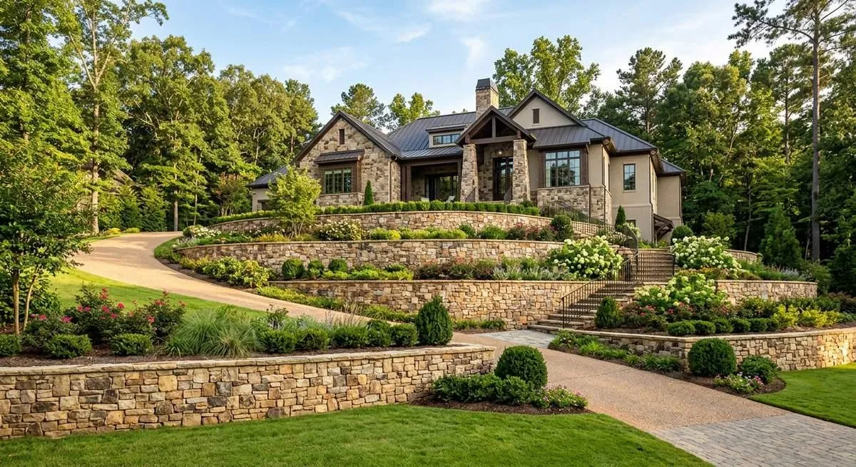 Multi-tiered stone retaining walls on a sloped residential property