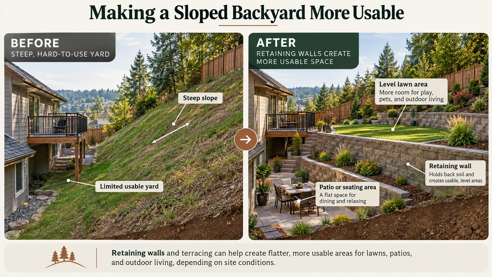 Side-by-side illustration comparing one tall retaining wall with multiple shorter terraced retaining walls managing a sloped residential yard.