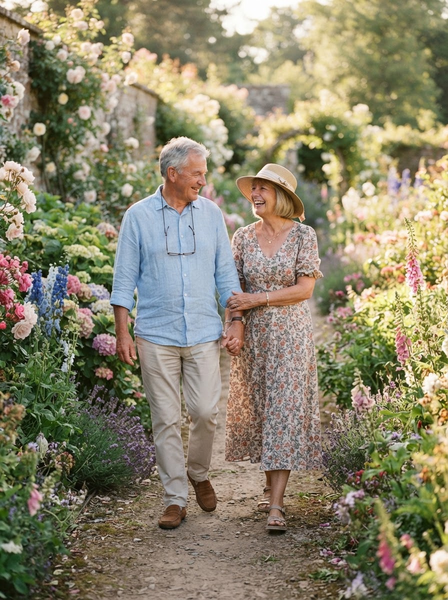 An older couple holding hands while walking through a bright garden