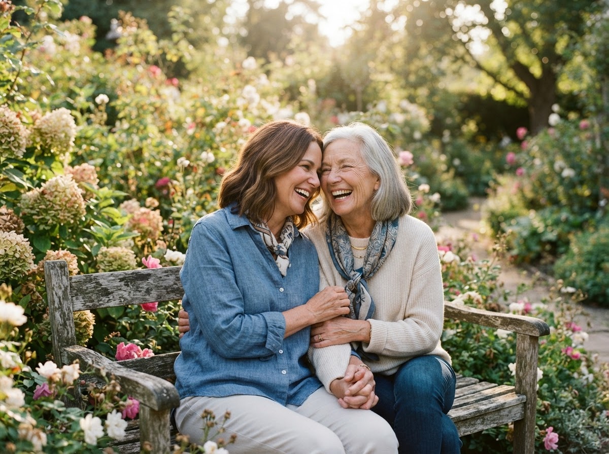 A smiling older woman sharing a warm moment with her family in a sunlit garden