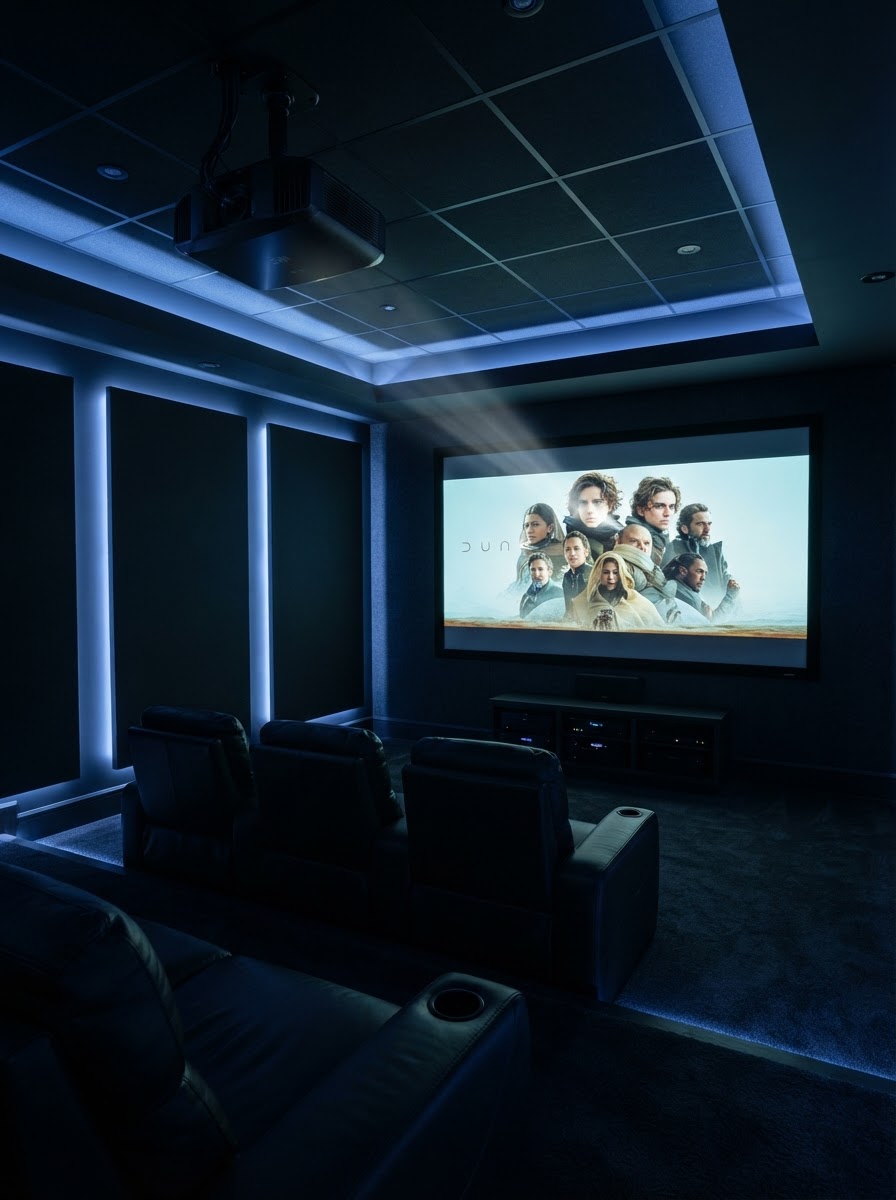 Ceiling-mounted home projector in Toronto home theatre