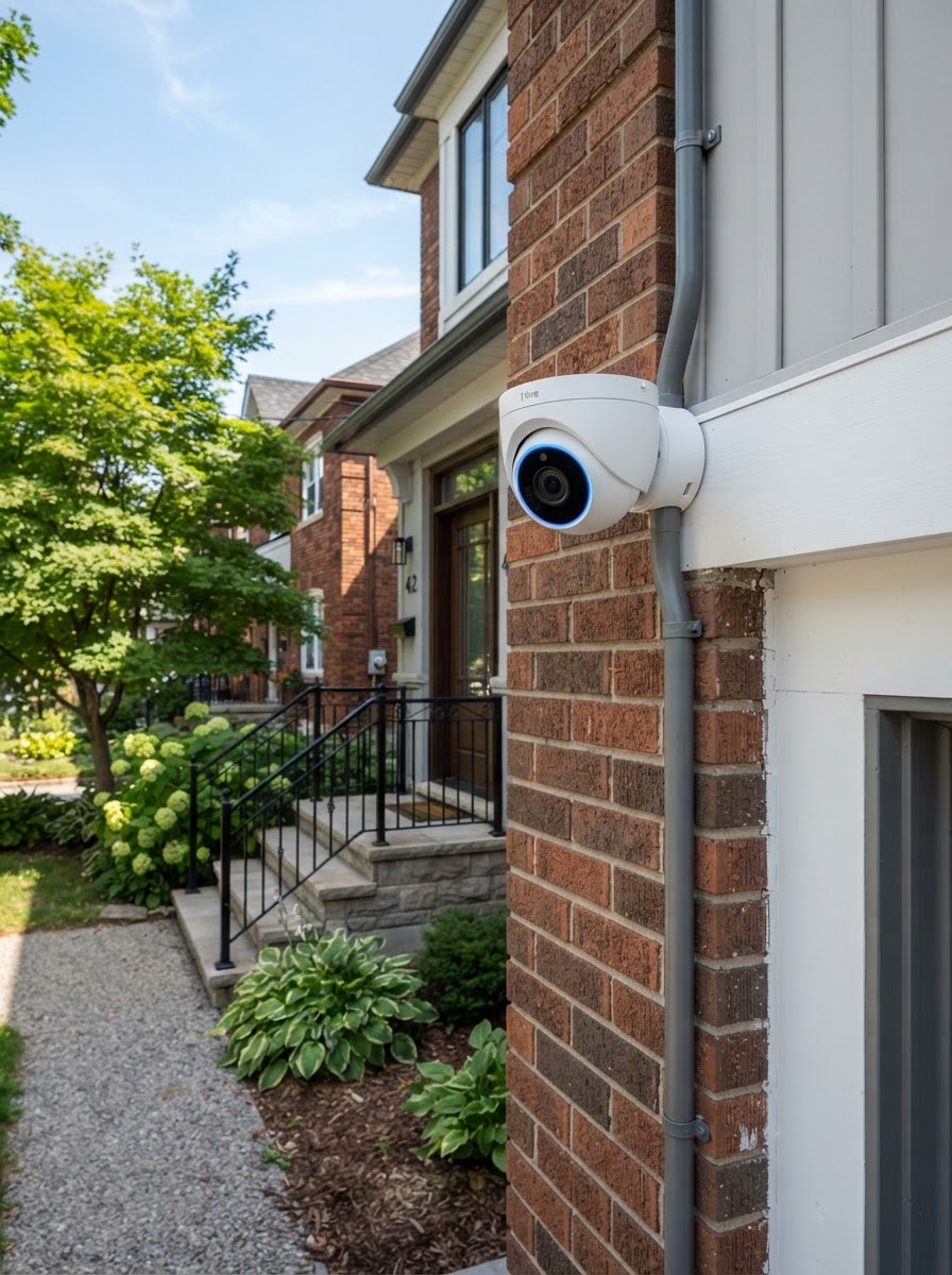 Outdoor security camera mounted on Toronto home