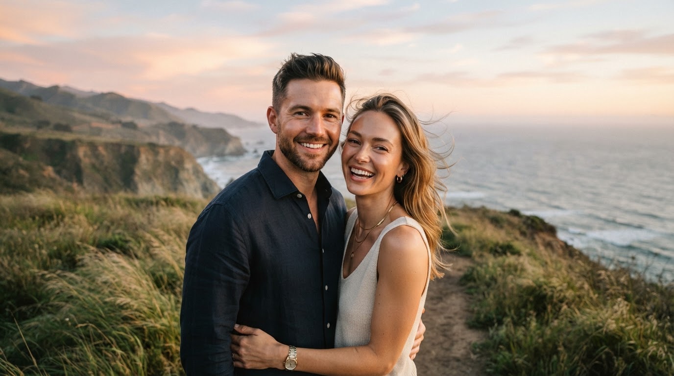 A confident man and woman with radiant, natural-looking aesthetic results enjoying a golden-hour coastal bluff