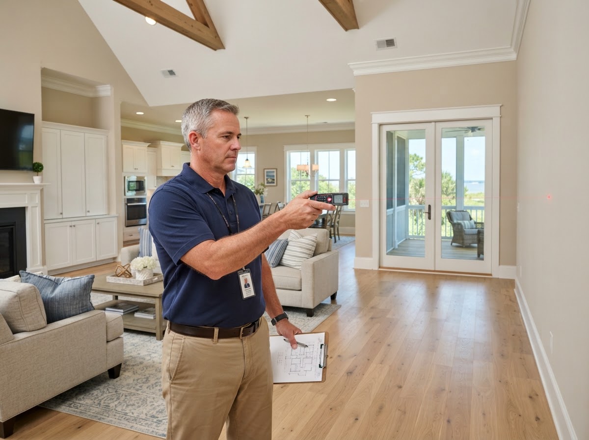 Appraiser using a handheld laser measuring device in a residential interior