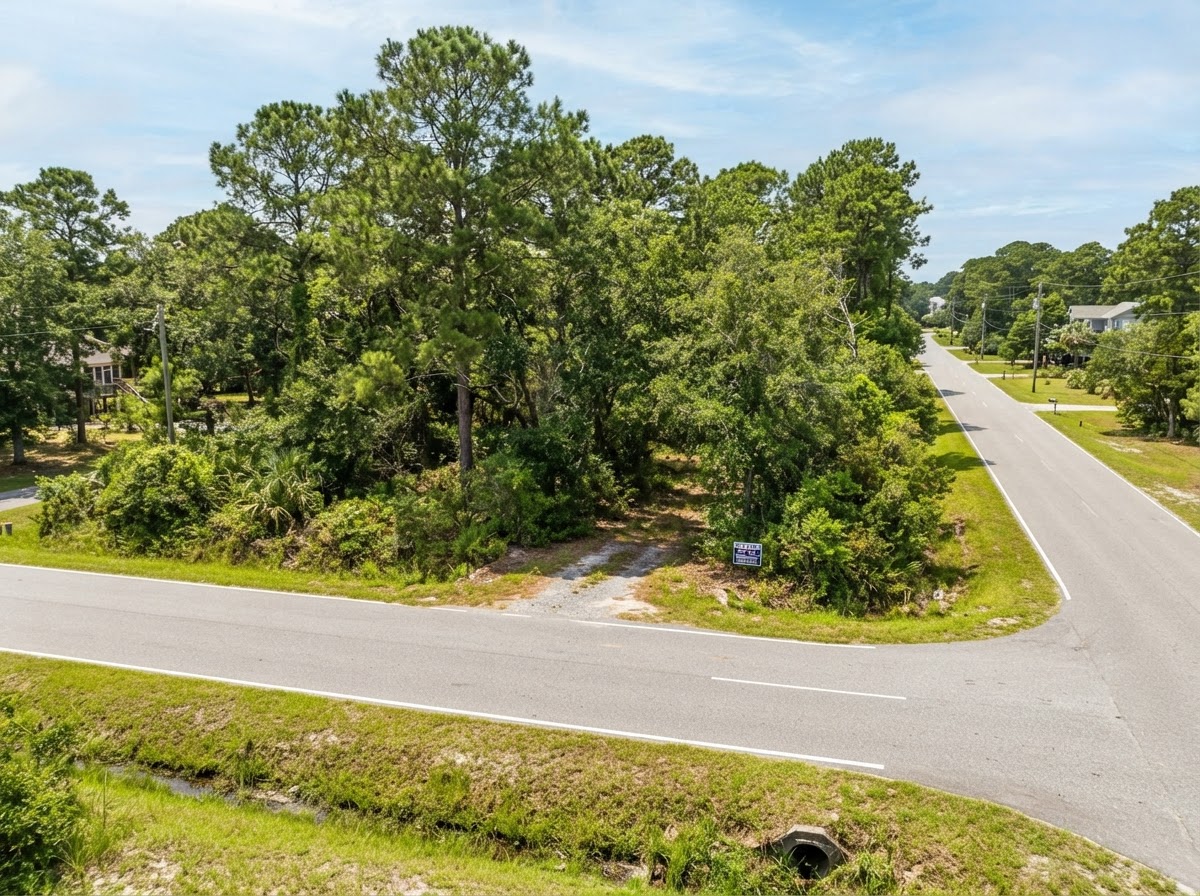 Vacant residential parcel with natural vegetation and visible road access