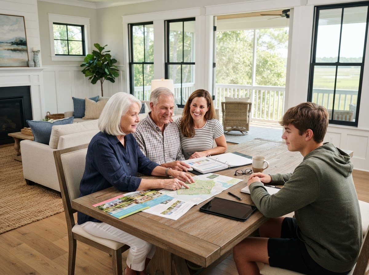 Adult family members of different generations reviewing a home's property information together