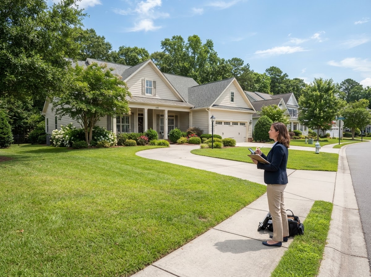 Appraiser documenting a home's frontage and yard near a public road