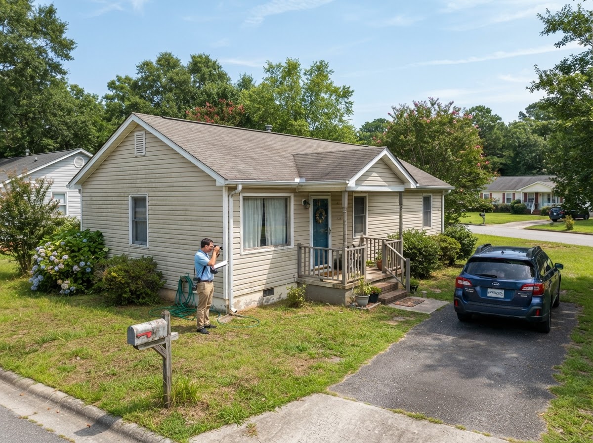 Appraiser documenting a modest home with ordinary deferred maintenance