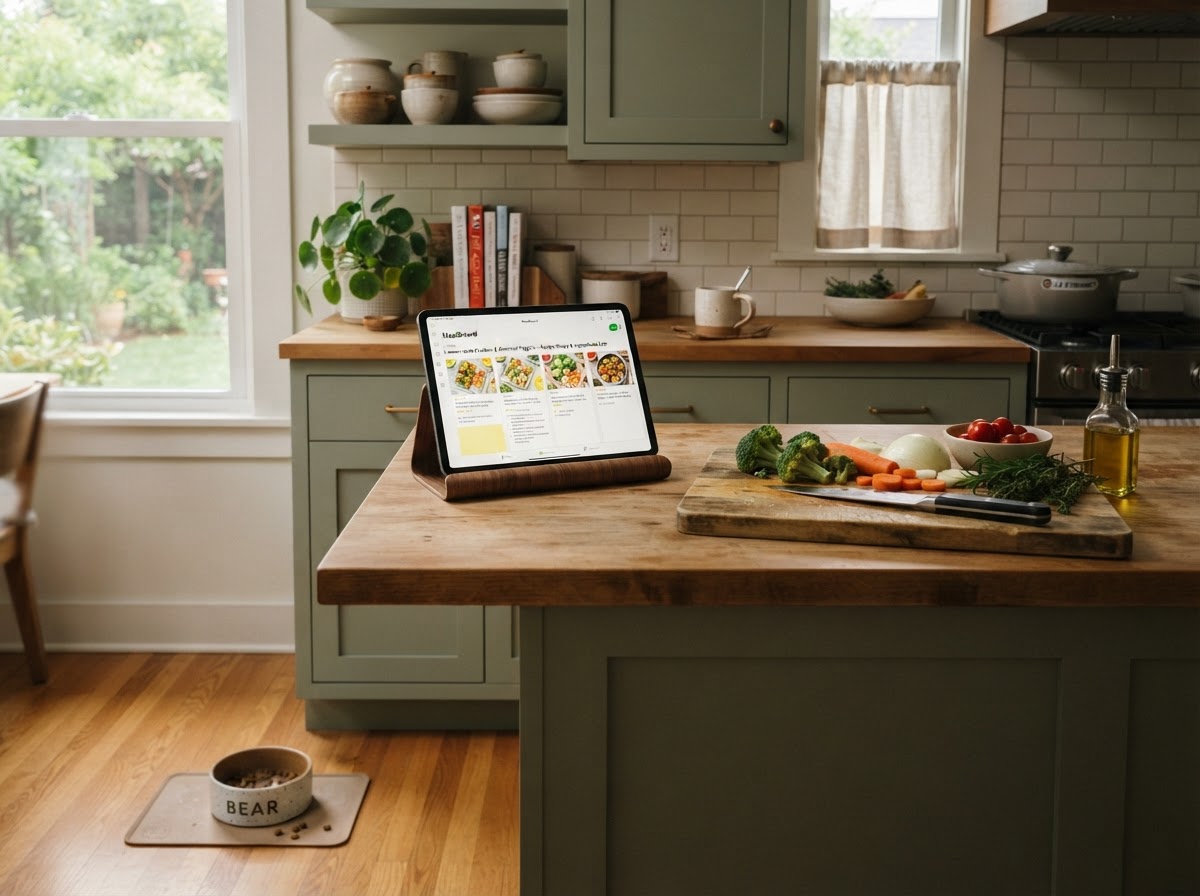 Cocina con tablet, planificación y bowl de mascota