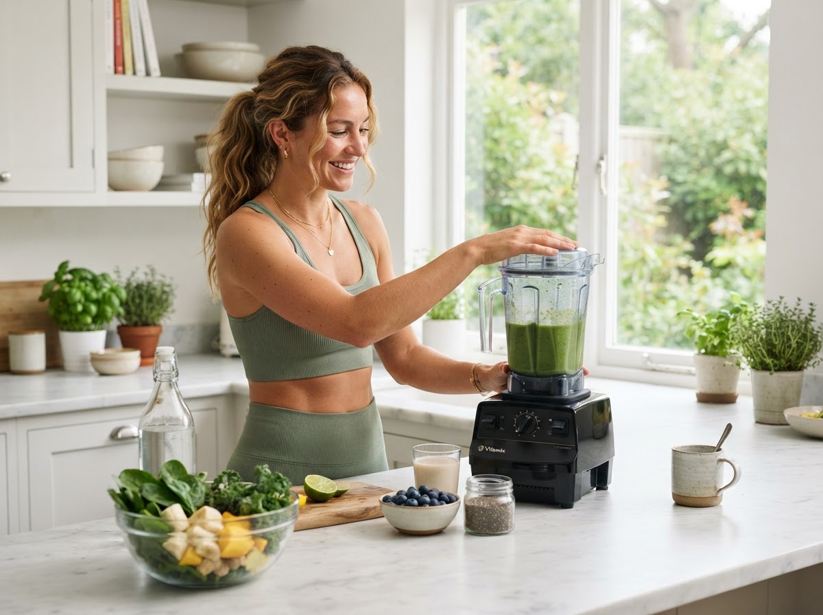 Mujer preparando un smoothie verde