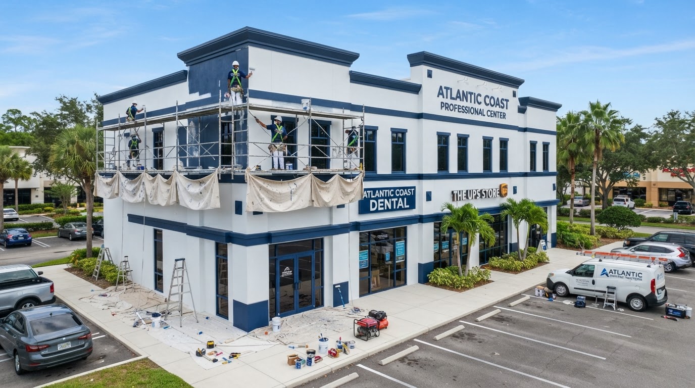 Cape Coral commercial building exterior freshly painted white and navy by a painting crew