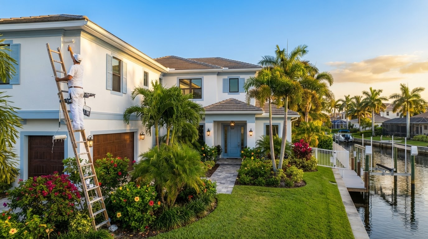 Freshly painted coastal Cape Coral, FL stucco home at golden hour