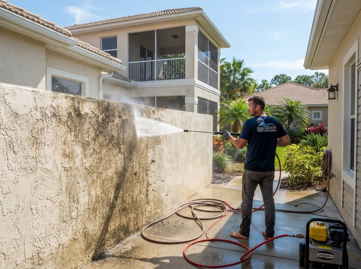 Pressure washing a Cape Coral Florida stucco home exterior to prep for painting
