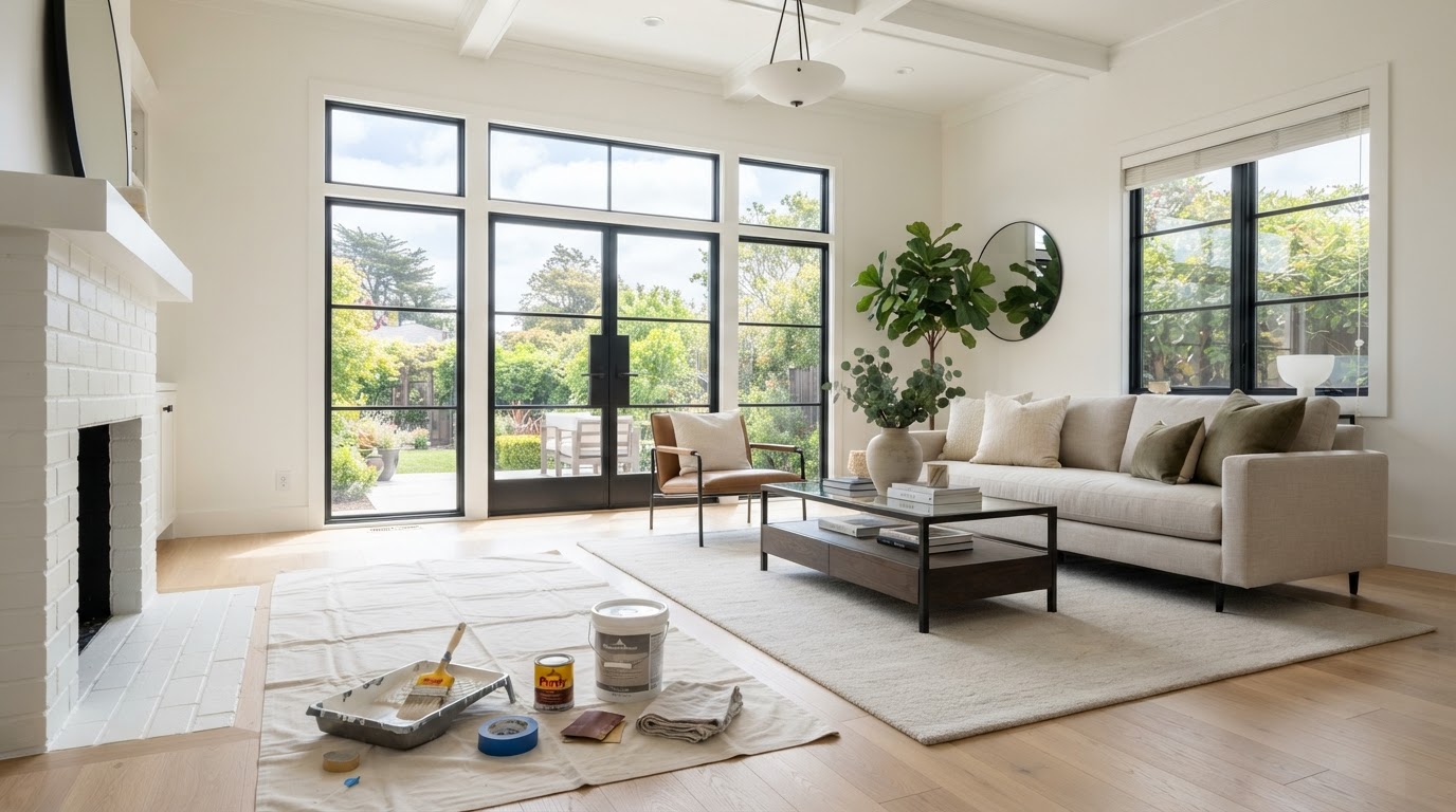 Bright Cape Coral living room with freshly painted warm white walls and natural light