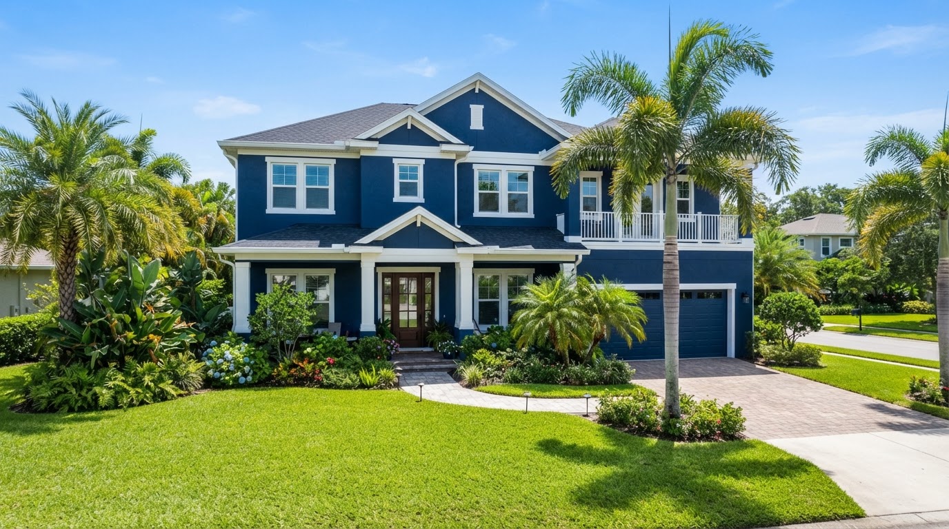 Cape Coral stucco home exterior freshly painted with weather-rated coastal colors