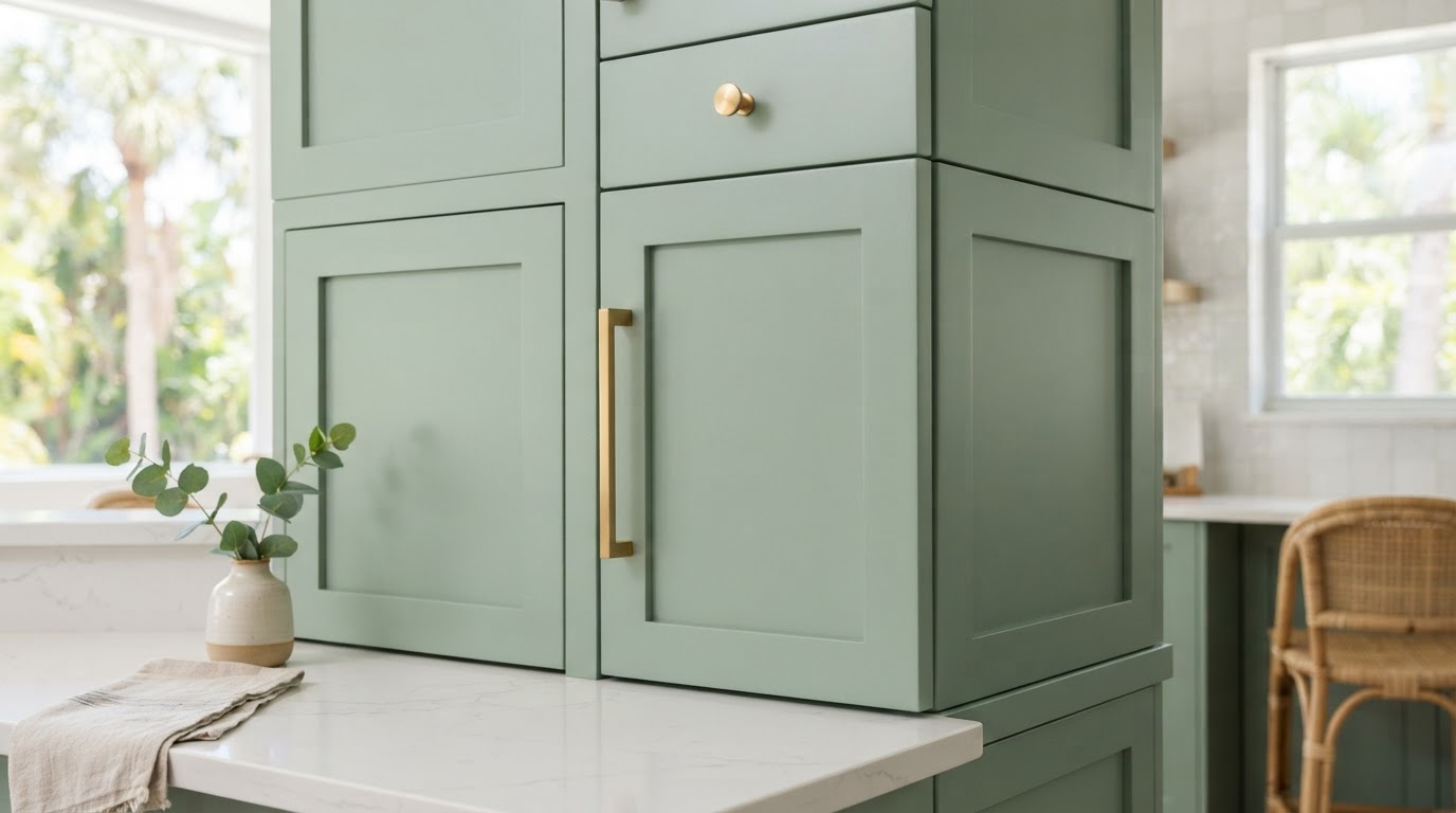 Cape Coral kitchen with refinished sage green cabinets and brushed gold hardware