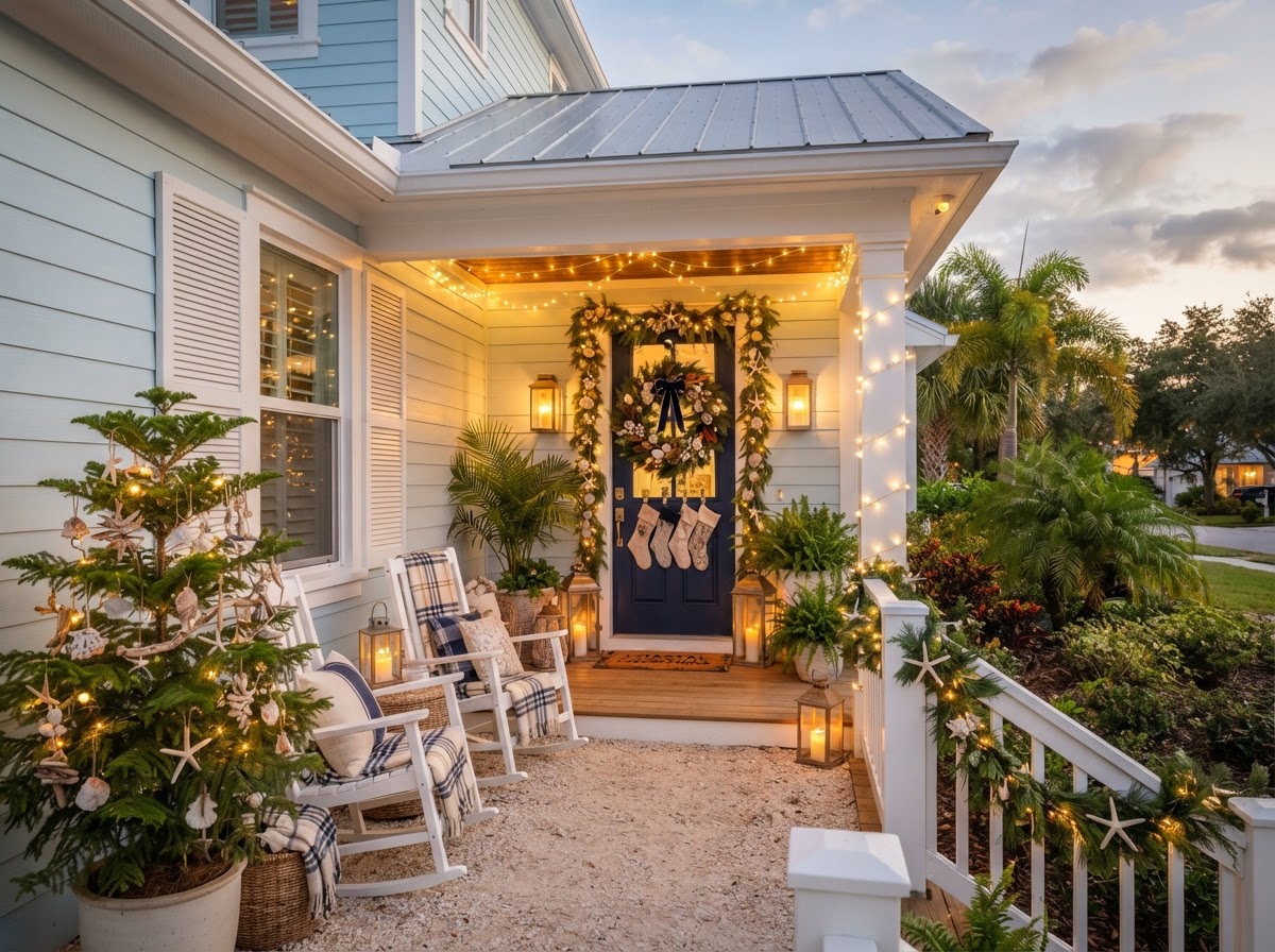 Elegant holiday lighting and wreath on a freshly painted Cape Coral home porch