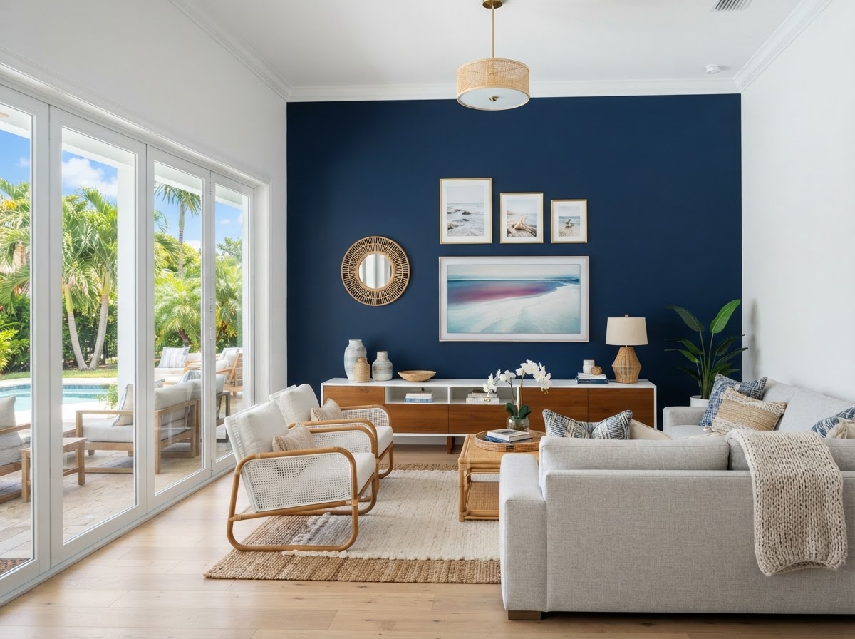 Bold deep navy accent wall in a bright Cape Coral living room with crisp paint lines