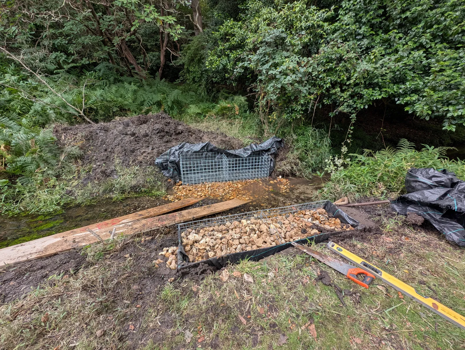 The Bridges at Pylewell Lakes, heritage bridge restoration — bank stabilisation before the rebuild