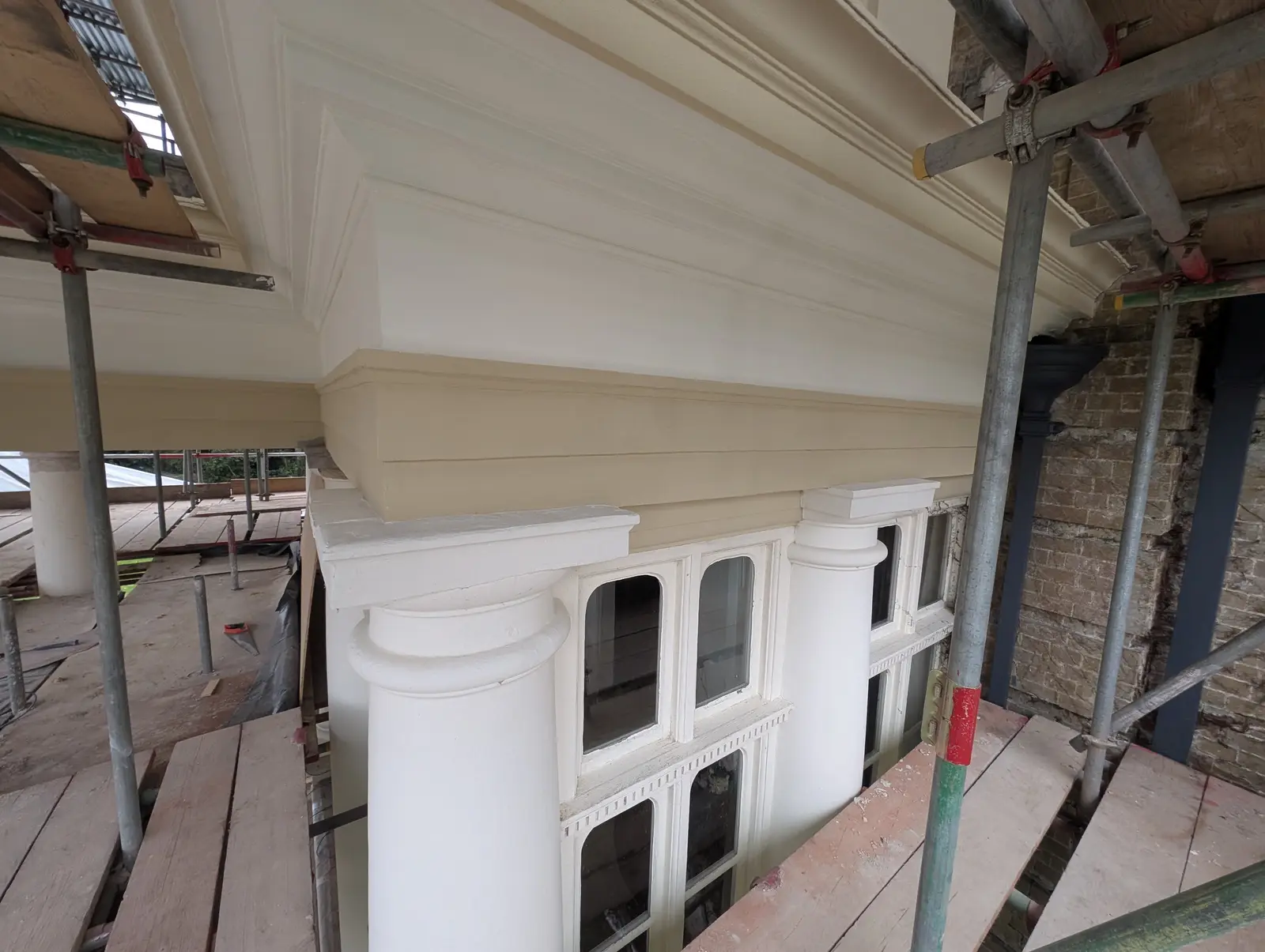 Portico at Pylewell Park, historic mansion restoration — completed restoration