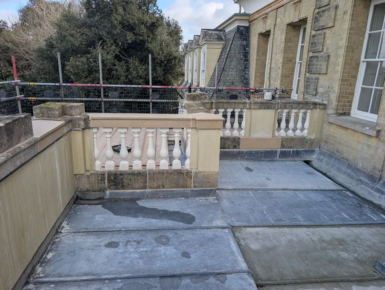 Portico at Pylewell Park, historic mansion restoration — completed restoration