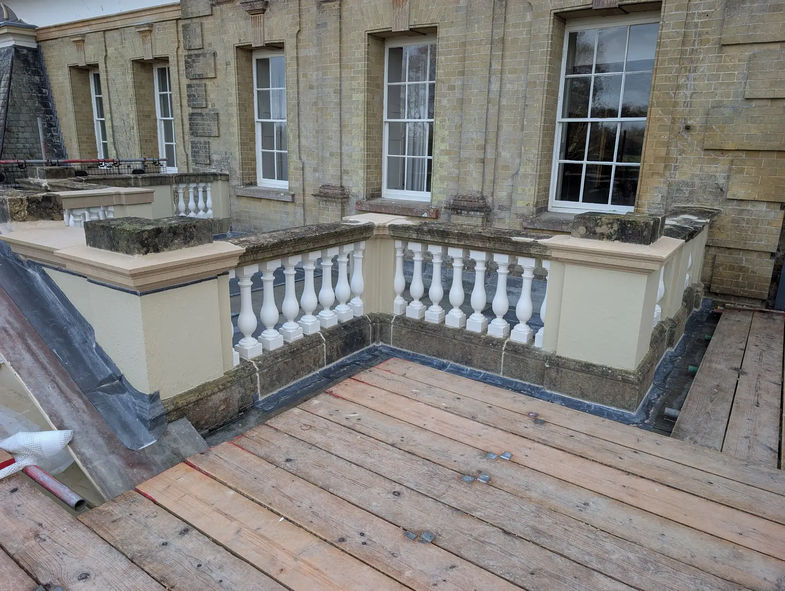 Portico at Pylewell Park, historic mansion restoration — completed restoration