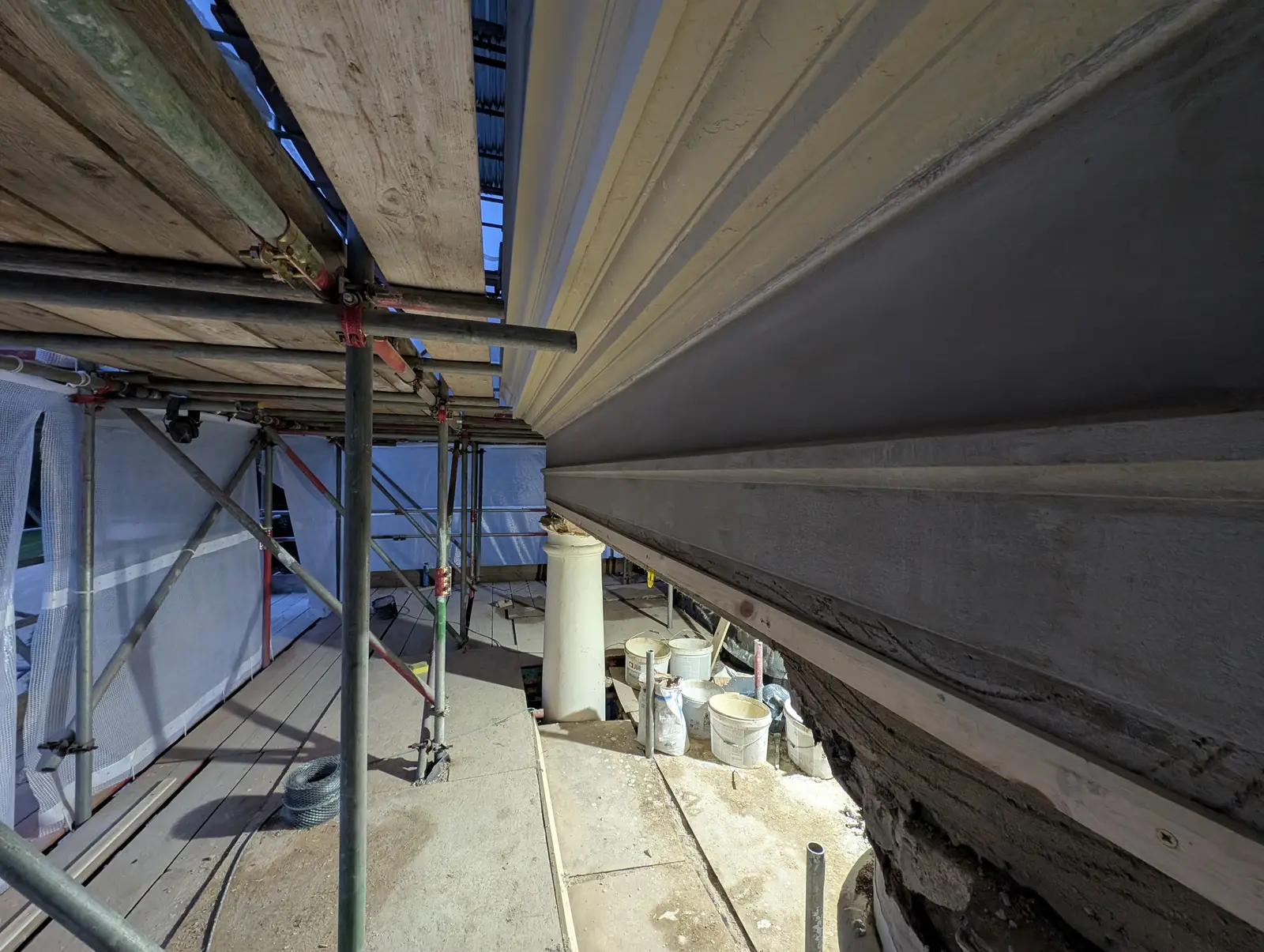 Portico at Pylewell Park, historic mansion restoration — turned timber balustrade