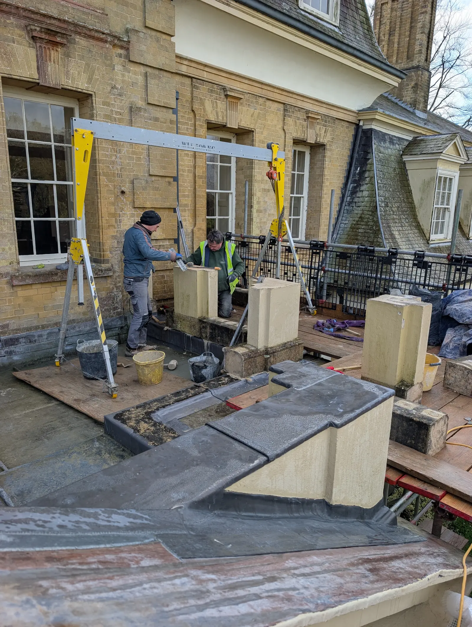 Portico at Pylewell Park, historic mansion restoration — front elevation