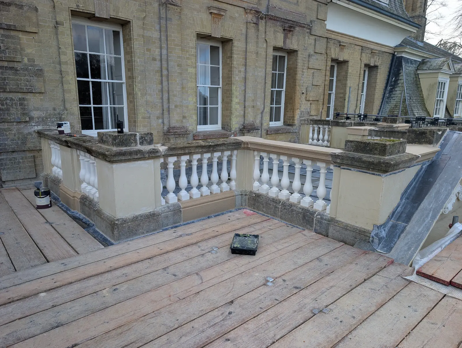 Portico at Pylewell Park, historic mansion restoration — front elevation