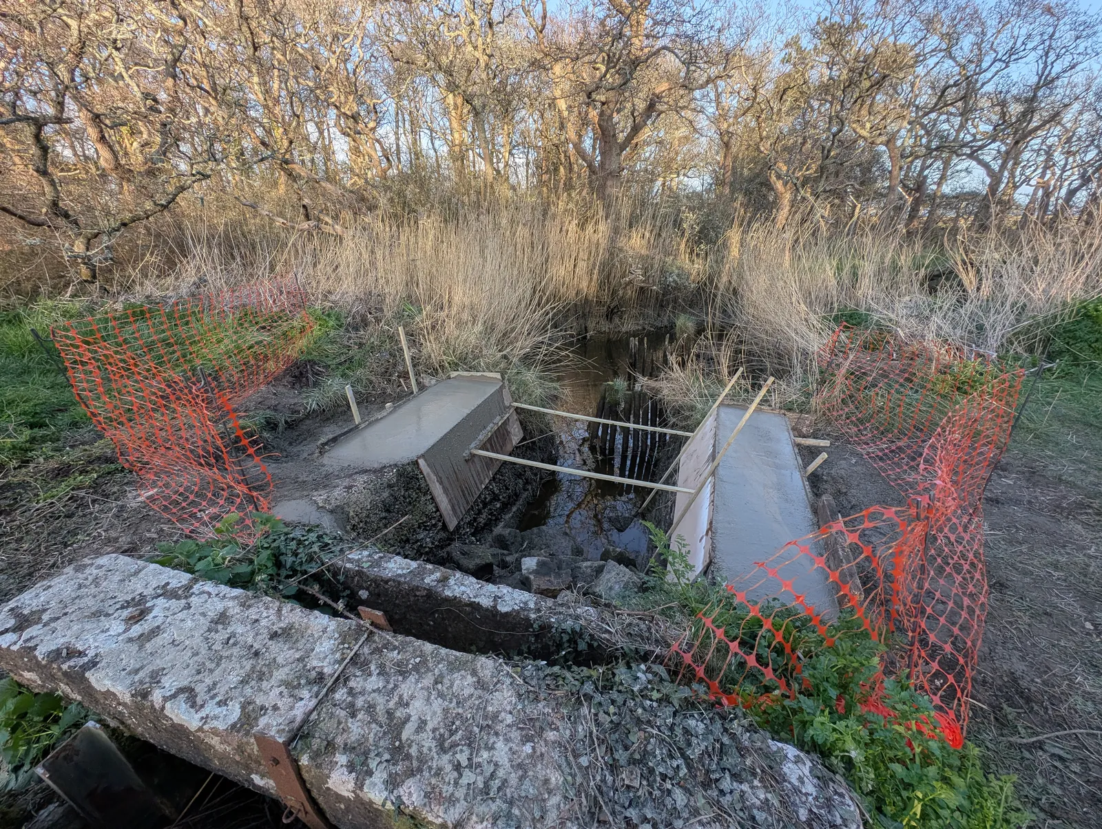 The Bridges at Pylewell Lakes, heritage bridge restoration — bank stabilisation before the rebuild