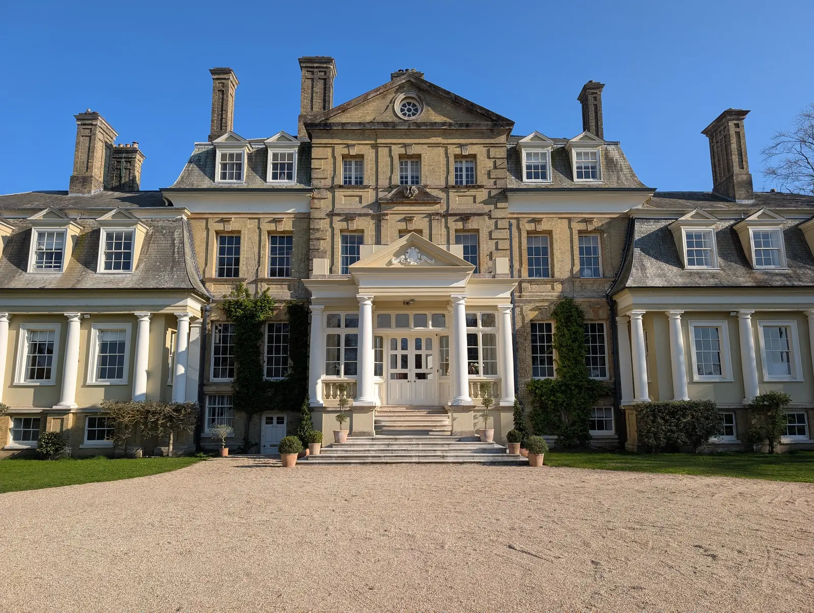 Portico at Pylewell Park, historic mansion restoration — running mould cornice