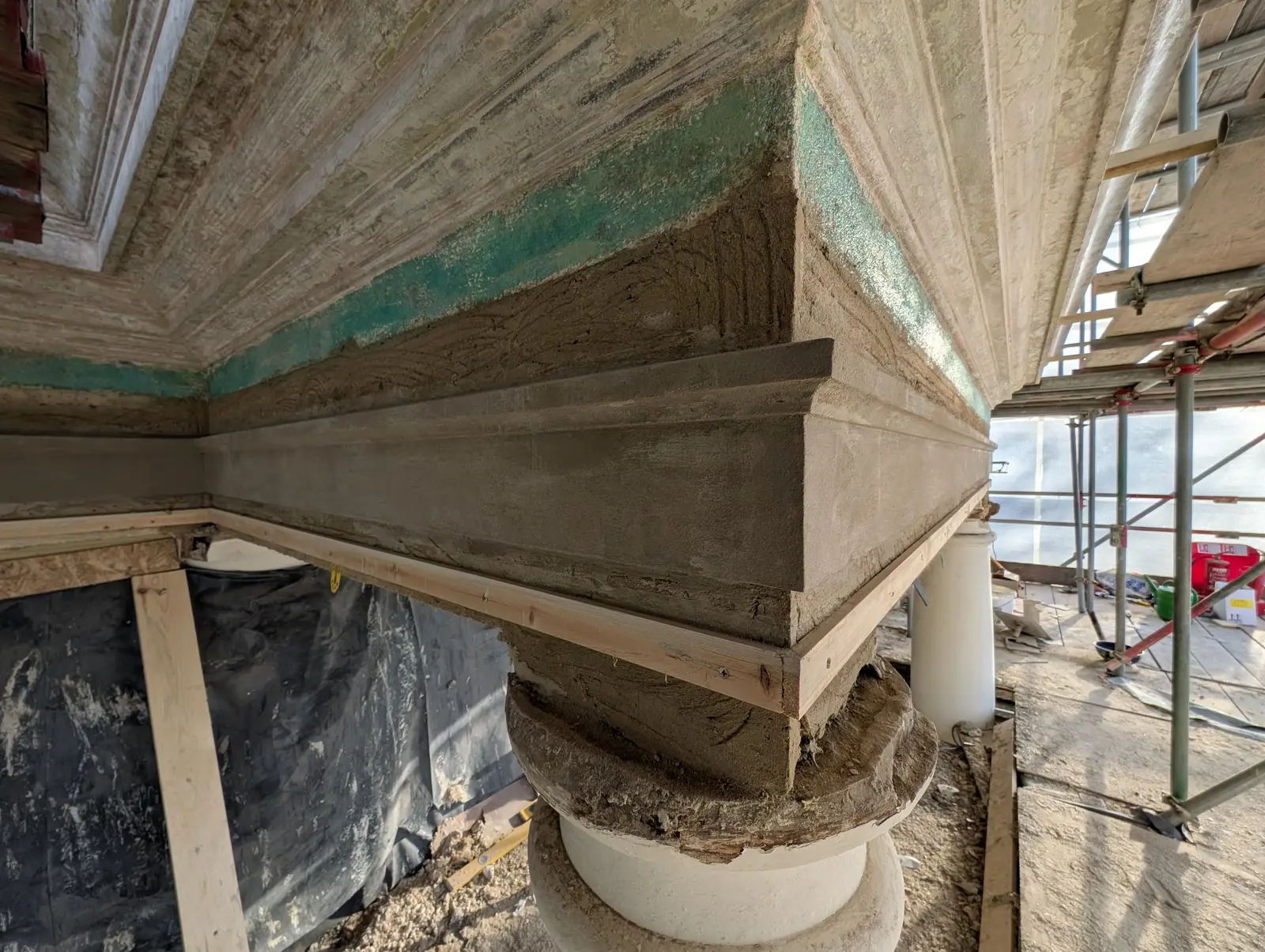 Portico at Pylewell Park, historic mansion restoration — running mould cornice